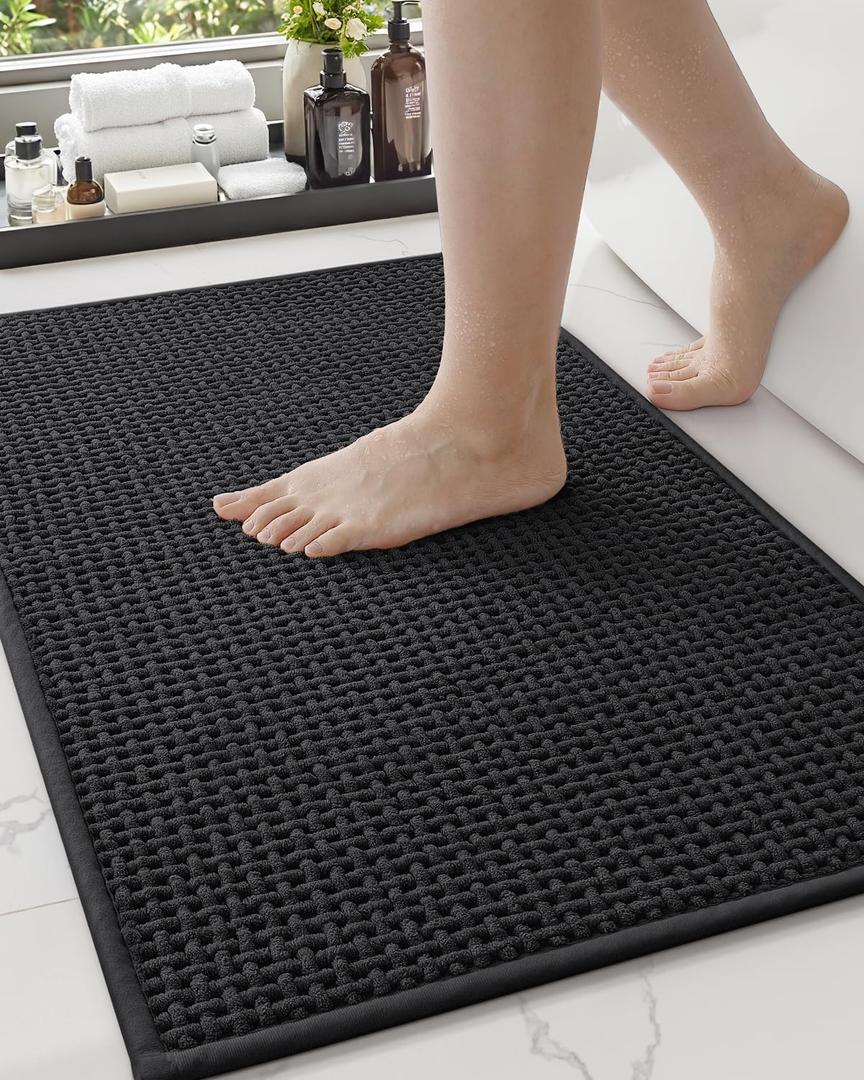 Color&Geometry Chenille Pile Small Bathroom Rugs Upgraded Denser, 16"x24" Non Slip Absorbent Black Bath Mats for Bathroom Thin Fit Under Door, Washable Quick Dry