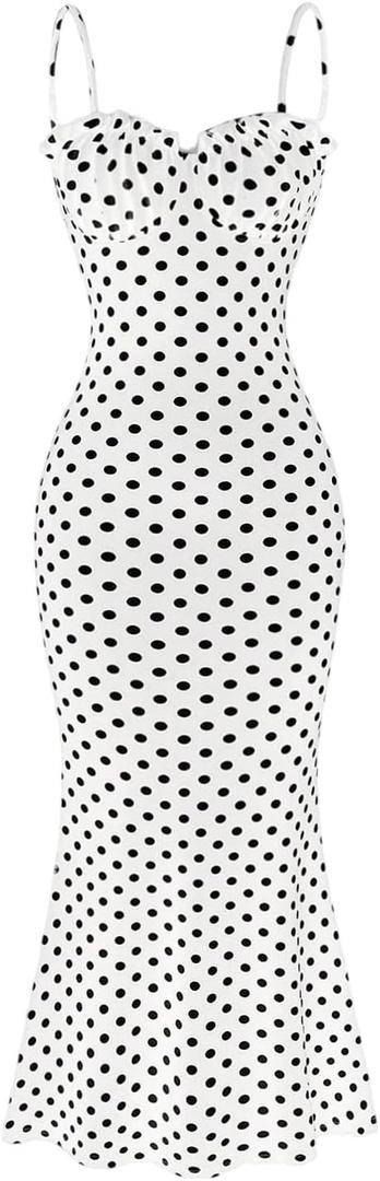 Milumia Women's Polka Dots Frill Trim Cami Dress Elegant Ruched Bust Fishtail Maxi Dresses (Medium, White)