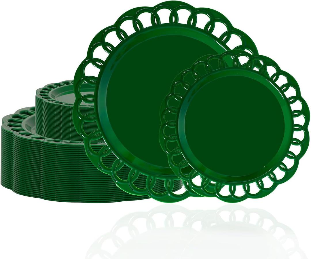 COLOSUS 60pcs Green Plastic Christmas Plates Set,Elegant Lace Rim Disposable Plates,Nice Plastic Plate for Party include 30 Dinner Plates and 30 Dessert Plates for Party,Wedding
