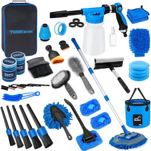 THINKWORK Car Wash Kit, Car Detailing Kit with Foam Gun, Car Wash Brush Mop and Large Folding Bucket Suitable for Car Cleaning, Blue Car Wash Set Gift for Men and Women