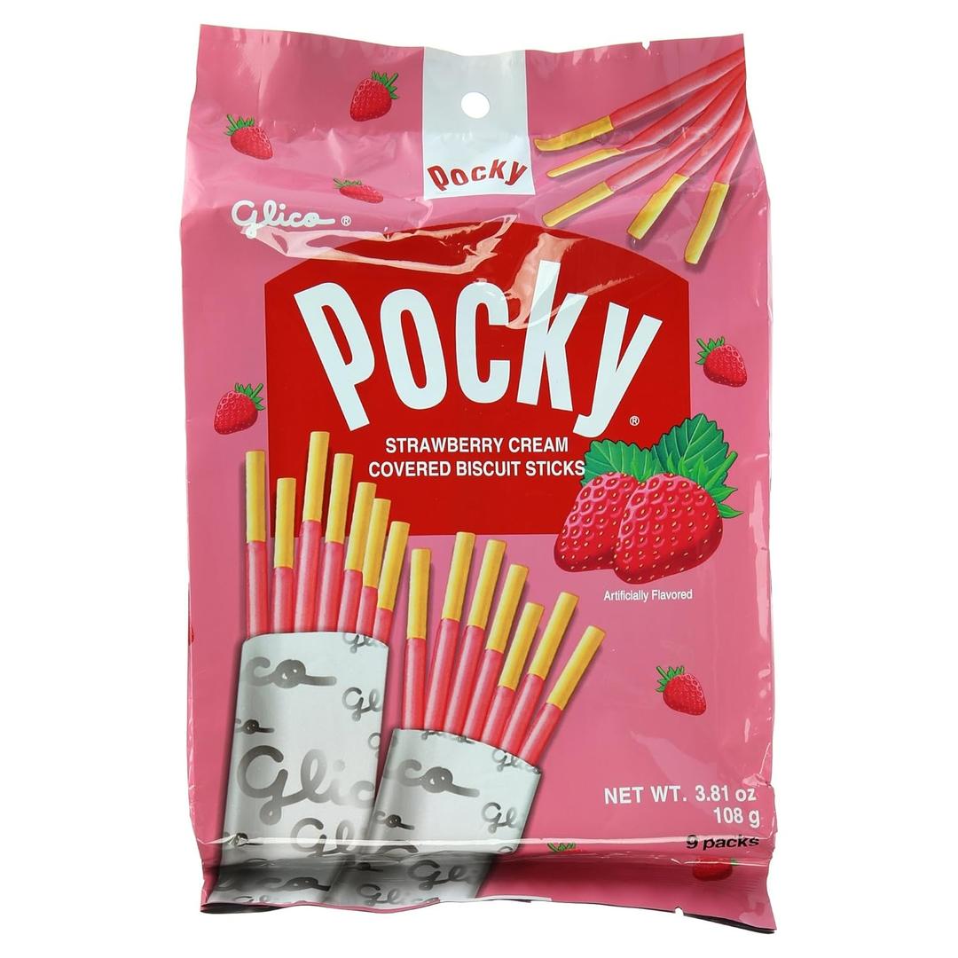 Glico Pocky, Strawberry Cream Covered Biscuit Sticks (9 Individual Bags), 3.81 oz (EXP 08/11/26)