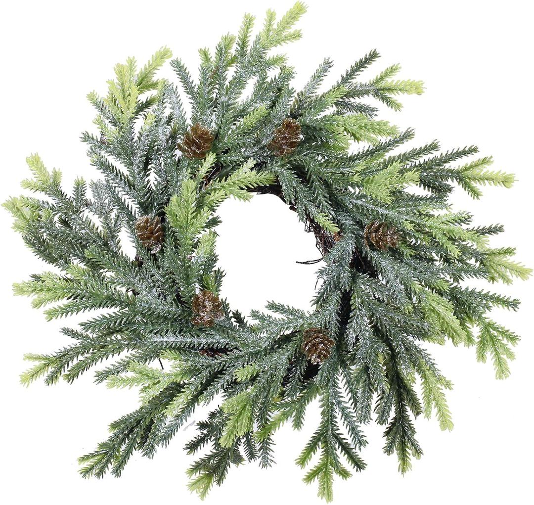 2 pcs Artificial Frosted Cedar and Pine Cone Candle Rings Christmas Candle Holder Rings Faux Cedar Twigs Wreath Mini Window Wreaths 11.8" Wide for Christmas Holiday Winter Season Decoration