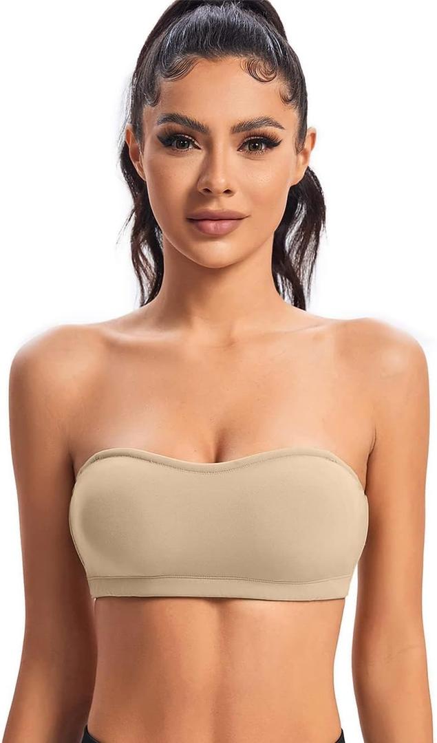 ANGOOL Strapless Bra for Women Stay-Up Padded Non-Slip Silicone Bandeau Bra Seamless Comfort Wirefree Tube Top (Beige, L)