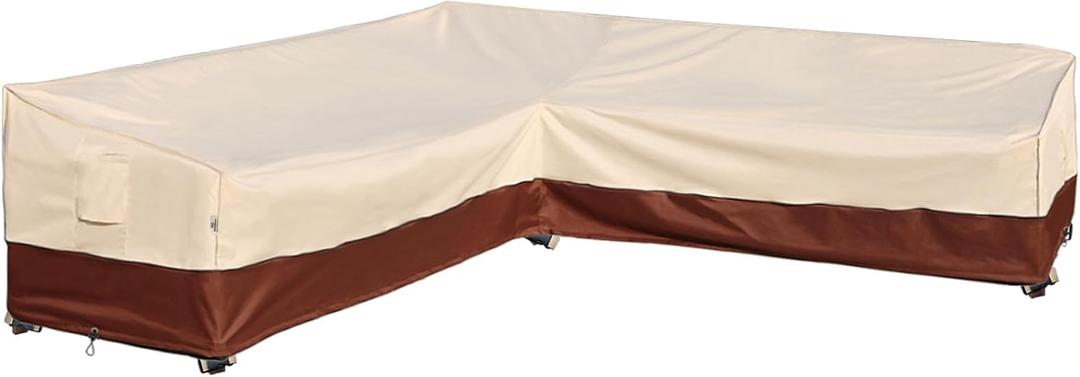 Outdoor Sectional Cover Patio Furniture Covers Waterproof Rip-Stop Anti-UV 600D Heavy Duty Couch Sofa Cover with 3 Air Vent (Beige & Reddish Brown, V-Shaped-105''X105'')