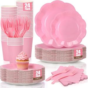 Light Pink Plates and Napkins Party Supplies, Disposable Scalloped 9 and 7 Pink Paper Plates Cups Napkins Forks Set for Birthday Wedding Baby Shower Decorations, Serves for 24 Guests