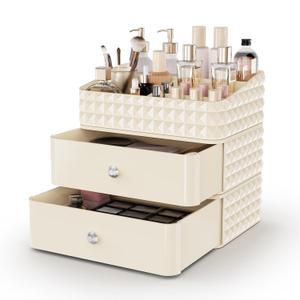 Makeup Organizer for Vanity, Stackable Cosmetics Organizer and Storage, Cosmetic Display Cases with 2 Drawers and 1 Tray for Makeup Brush, Hair Accessories, Lipstick and Jewelry, Beige