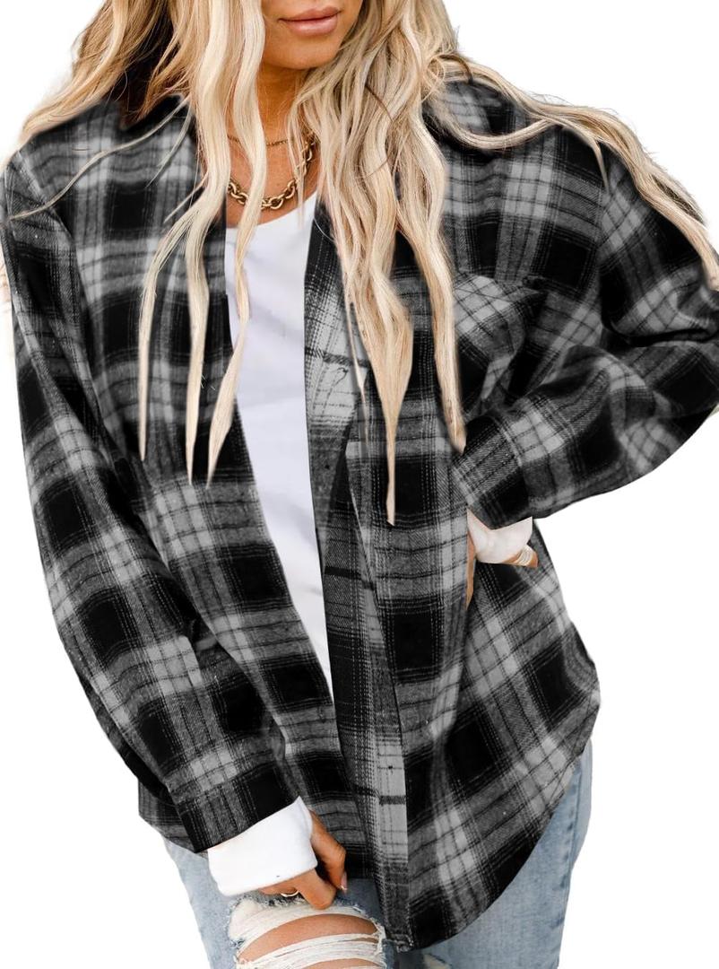 Asiertiy Womens Buffalo Plaid Flannel Shirt Long Sleeve Collar Button Down Blouses Lightweight Tops (Black, S)