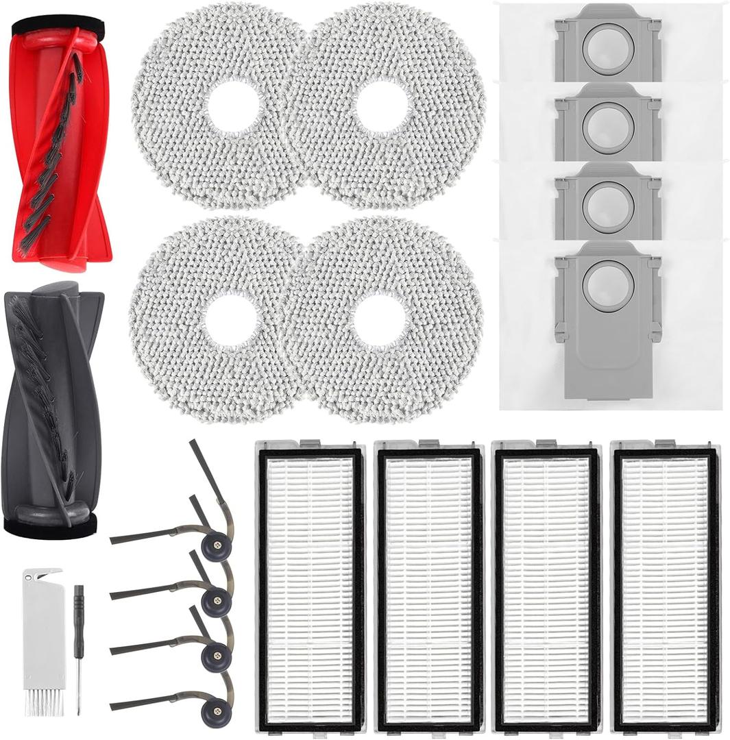 20 Pack Replacement Parts for Roborock Qrevo S5V/Qrevo Curv/Qrevo Curv S5X/Qrevo Edge S5A Series Robot Vacuum Cleaner Accessories, 1 Main Brush, 4 HEPA Filters, 4 Dust Bags, 4 Mop Pads, 4 Side Brushes