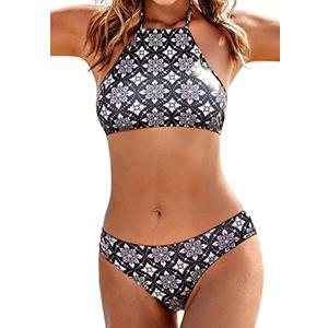 Ekouaer Womens High Neck Halter Bikini Set 2 Piece Bohemian Black Swimwear Tribal Bathing Suits, Small, Bohemian Black, Small