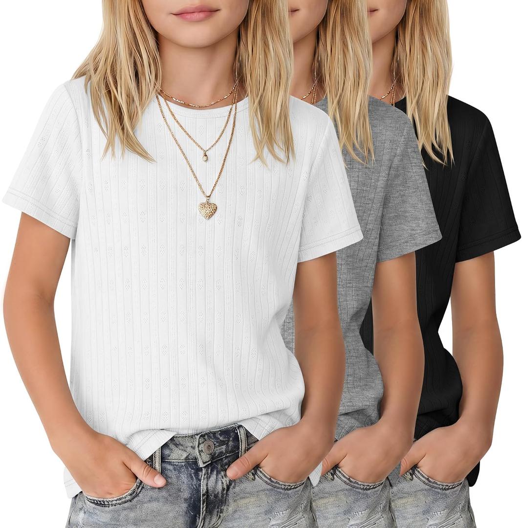 3 Pack Girls Cotton T-Shirts | 5-14Y, Cotton Material, Short Sleeve Tops, Pointelle Ribbed, Crewneck, Soft, Summer, Casual Basic Tees, School, Teen, Layer