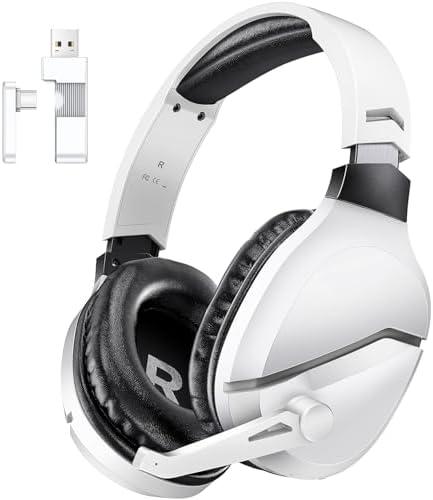 WolfLawS Wireless Gaming Headset with Noise Canceling Microphone for PS5, PC, PS4, 2.4G/Bluetooth Gaming Headphones with USB and Type-c Connector, Wired Mode for Controller Gamecube, White