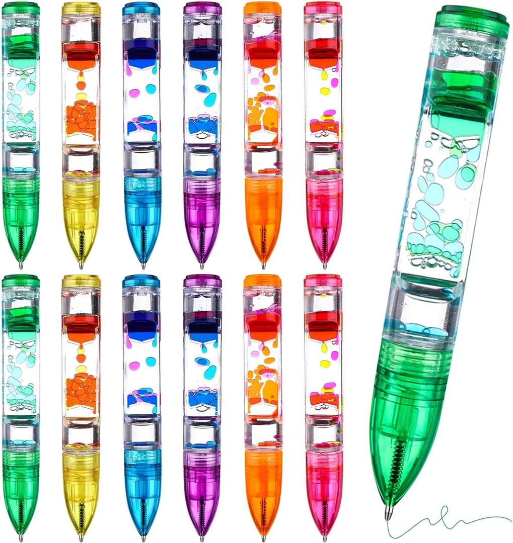 Droutti 12 Pack Liquid Motion Pen Colorful Liquid Motion Bubbler Pens Fidget Liquid Timer Pen for Stress and Anxiety Relief Home Office Desk Decoration