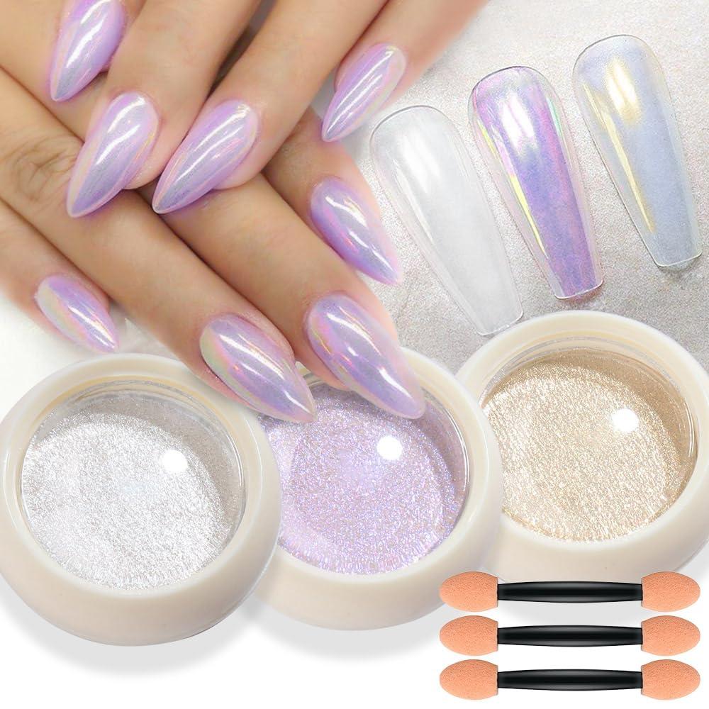 evpct 3Pcs Chrome Nail Powder Kit for Nails Polish White Purple Yellow Pearl Mermaid Rainbow Holographic Iridescent Chameleon Metallic Neon Pigment Mirror Chrome Nail Powder for Gel Nails Glitter 02