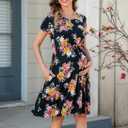 Womens Nursing Dresses Breastfeeding Short Sleeve Drawstring Maternity Nursing Dress with Pockets (Medium,Black Camellia)