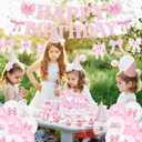 106 Pcs Pink Bow Party Decorations Cute Bow Coquette Supplies for Princess, Bridal Party with Pink Banner, Hanging Swirls, Cake and Cupcake Toppers, Balloons and Stickers(Birthday)