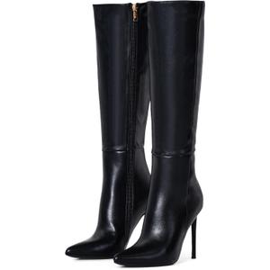 Elisabet Tang 4 inch Women's Knee High Long Boots, Stiletto Tall Pointed Toe Heeled Boot Leather Suede Comfortable Sexy (10, Brave Black)