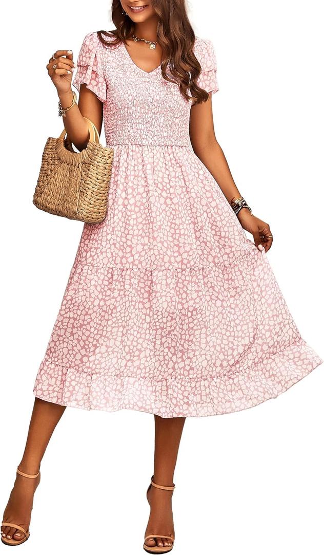 BTFBM Women Casual Summer Short Ruffles Tiered Sleeve Smocked Midi Dresses Bohemian Floral V Neck Wedding Guest Long Dresses (Pink, M)