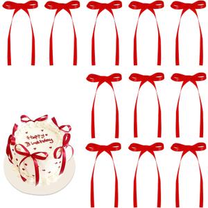 30 Pack Bow Cake Toppers Red Ribbon Bows for Cake Coquette Themed Bow Cupcake Toppers Graduation Decoration Bow Birthday Decorations for Baby Shower, Wedding, Engagement, Bachelorette Party