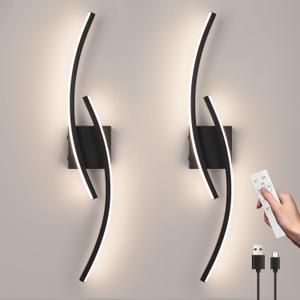 Battery Operated Wall Sconce Set of 2,Black Wall Sconces with Remote Control,3000K-6000K Modern LED Wireless Wall Light for Living Room, Hallway, Bedroom, 39.3 Inch (2 Pack)