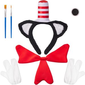 Cat Hat Costume Set with Cat Ears Headband, Bow Tie, White Gloves, Black Face Paint and 2 Brushes  Dress Up Kit for Hat Day, Halloween, Book Character Day, Reading Week