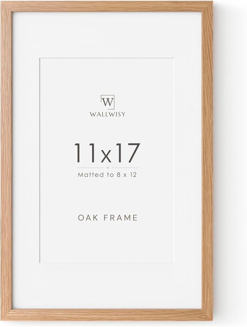 11x17 Oak Picture Frame, Solid Oak 11x17 Poster Frame with Mat to 8x12(Openning Size is 7.5x11.5), Natural Wood 17x11 Frames for Wall, Set of 1