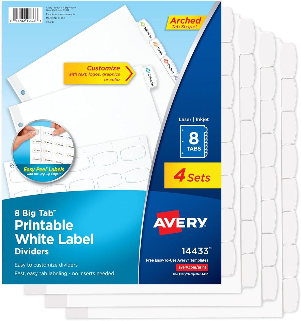 Avery Big Tab Printable White Label Dividers for 3 Ring Binders, 8 Tabs per Set, White, Great for Office Supplies, School Supplies, Organizing, and More (4 Sets of 14433)