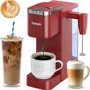 Single Serve Coffee Maker with Built-in Detachable Milk Frother, Iced and Hot Coffee Machine for K Cup & Grounds, 40oz Removable Water Reservoir, 6 Cup Sizes, Fits 7.3" Travel Mug, Red