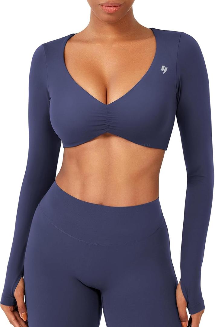 YEOREO Long Sleeve Crop Tops for Women Agantha Deep V Neck Ruched Padded Workout Gym Cropped T Shirt Top with Thumb Holes (Medium)