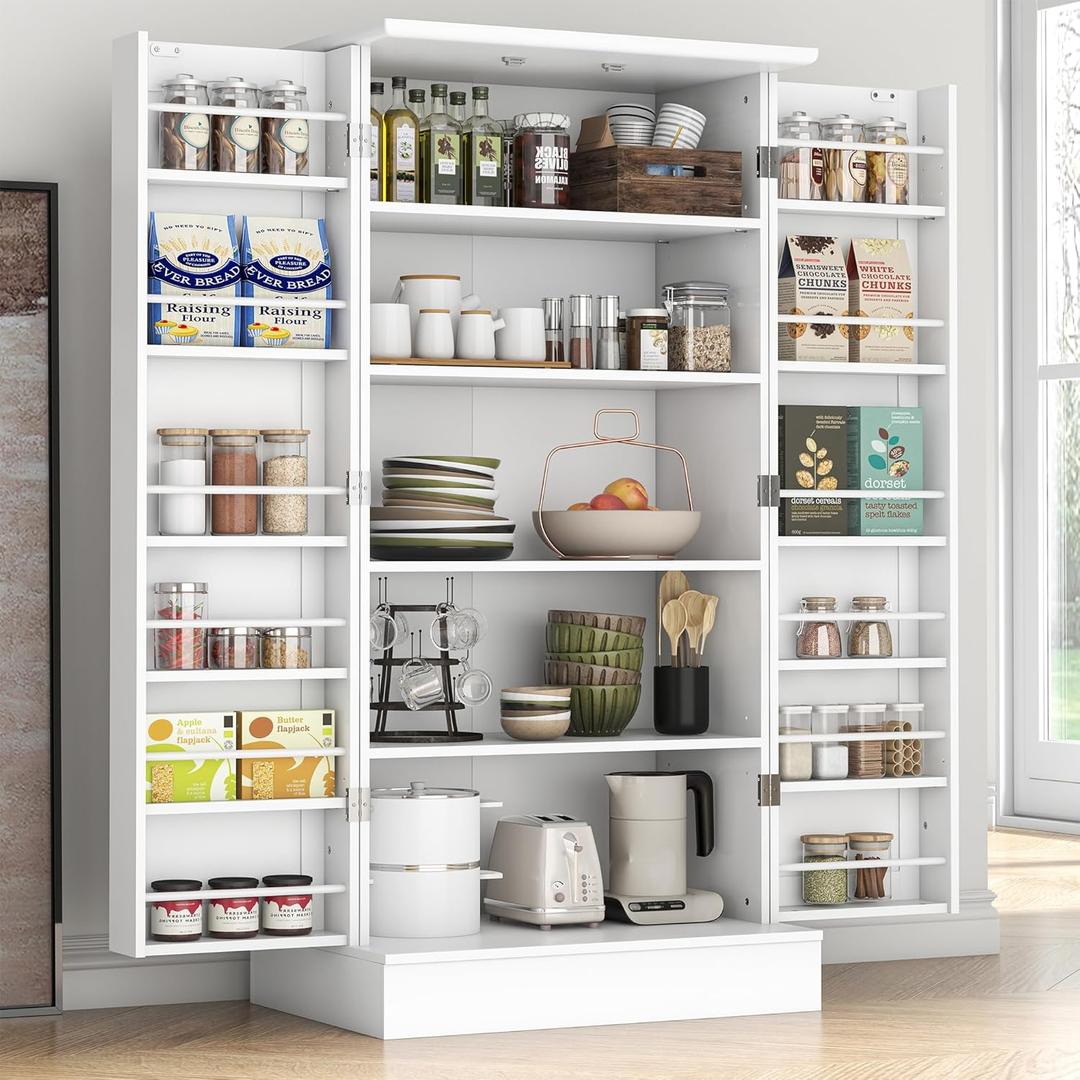 kepptory 47 Pantry Cabinet, Kitchen Pantry Storage Cabinet with Doors and Adjustable Shelves,Freestanding Buffet Cupboards Sideboard for Living Room and Dinning Room (White)