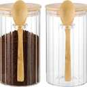 2 Pcs Glass Storage Jars, Airtight Food Canister Set with Wooden Lid, Spoons, and Striped Design, Stackable Coffee Sugar Containers for Tea, Beans, Dry Goods, 3.35 x 3.35 x 5.91 in, Medium