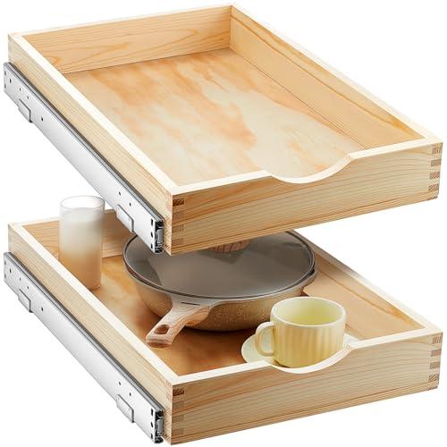 Menkxi 2 Set Wooden Pull out Cabinet Organizer Fully Assembled Slide out Pantry Drawer with Gentle Close Storage Shelf Tray for Base Kitchen Under Sink Bathroom Accessory(Wood Color,15'' X 21'' X 3'')