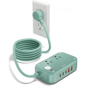 Power Strip with USB C - 40W Charging Station with 2 Outlets 3 USB C & 2 USB A - Charger for Multiple Devices, 5Ft Flat Plug Extension Cord for Travel Cruise Ship Office Dorm (Green)