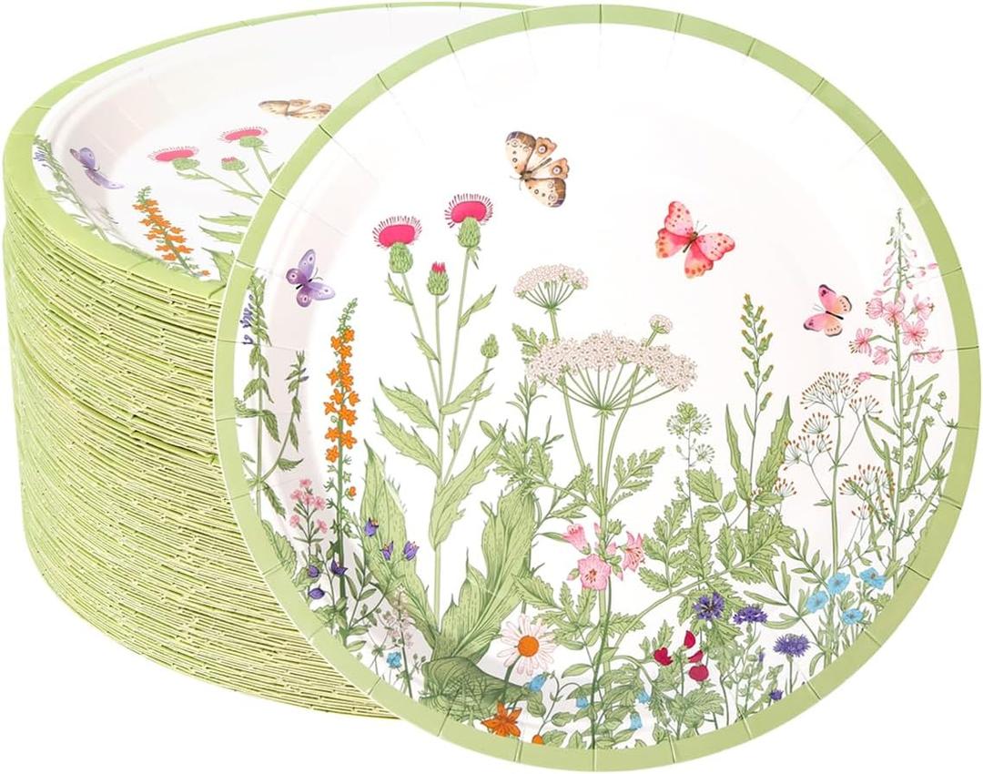 BHHQHH 100pcs Floral Paper Plates 9 inch Wildflower Party Plates Disposable Spring Summer Dinner Paper Plate for Birthday Wedding Baby Shower Tea Party Bridal Shower