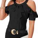 Rooscier Women's Cold Shoulder Tie Knot Round Neck Short Sleeve Ruffle Blouses Shirts Top (XS, Black)