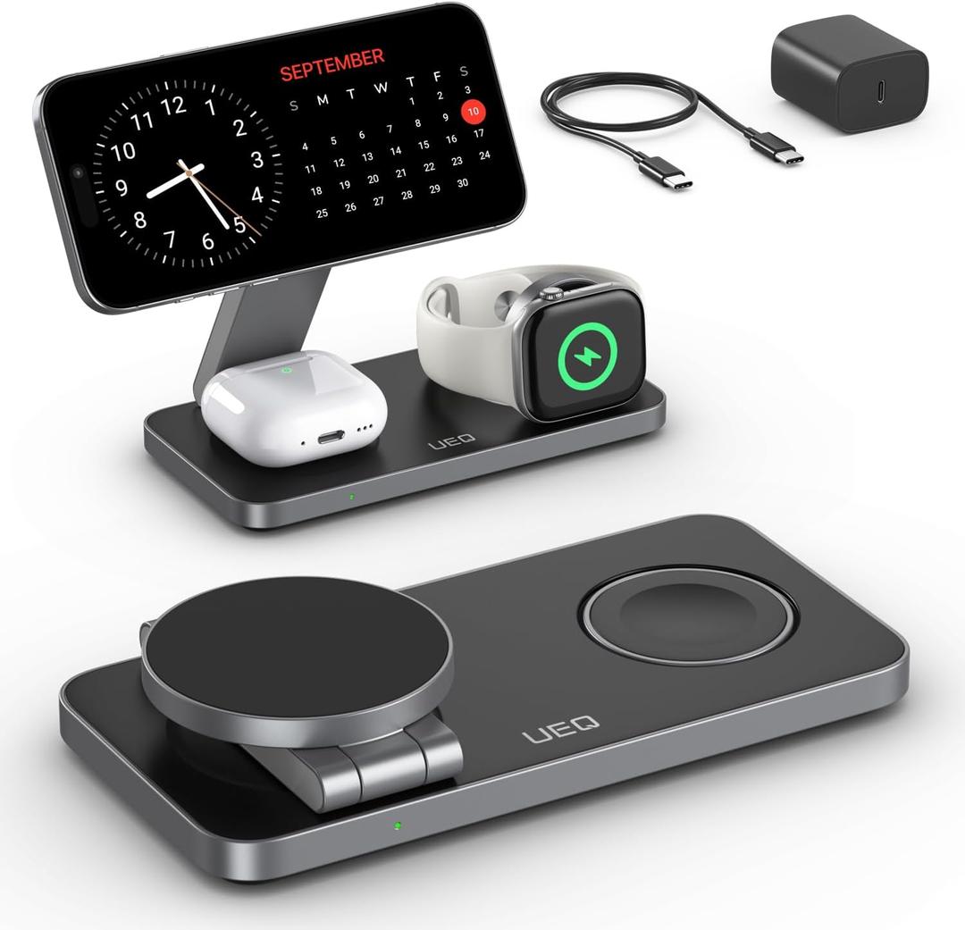 Foldable 3 in 1 Wireless Charging Station for Apple Compatible with Magsafe Charger Stand,Magnetic Wireless Charger Station for iPhone 15 14 13 12 Series,Airpods Pro,Apple Watch Ultra (Pure Black) (Carbon Black)
