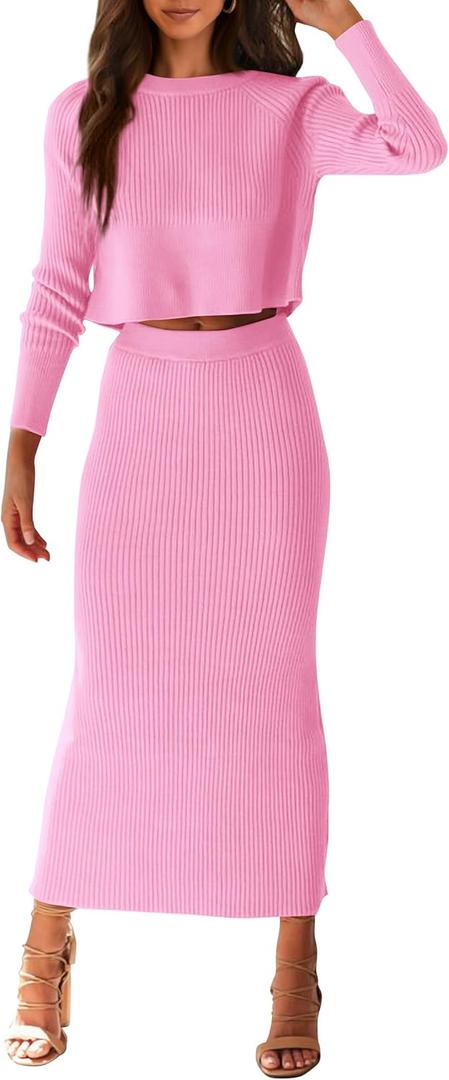 PRETTYGARDEN Women's Spring Fall 2 Piece Sweater Set Rib Knit Long Sleeve Crop Top Maxi Bodycon Skirt Casual Winter Outfits (Pink, M)