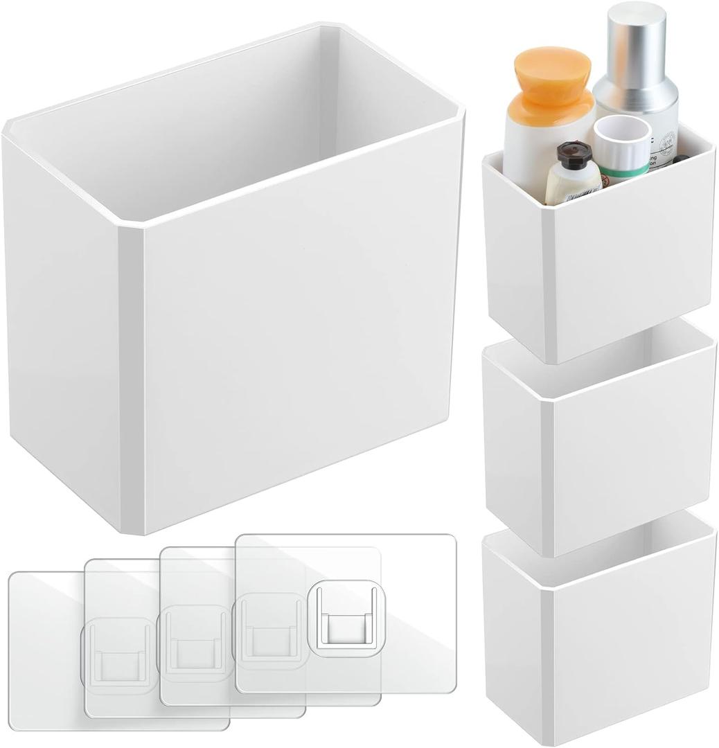 Suclain 4 Pcs Wall Mounted Organizer Non-Drilling Adhesive Floating Shelf White Wall Bin Organizer Hanging Storage Containers for Bedroom Bathroom Kitchen Office