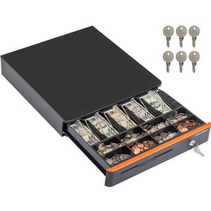 Volcora Cash Register Drawer for Point of Sale POS System with Round Corners 16", Removable Coin Tray, 5 Bill 8 Coin, 12-24V RJ11/12 Key-Lock Media Slot, Money Drawer for Business, Orange Bar/Black