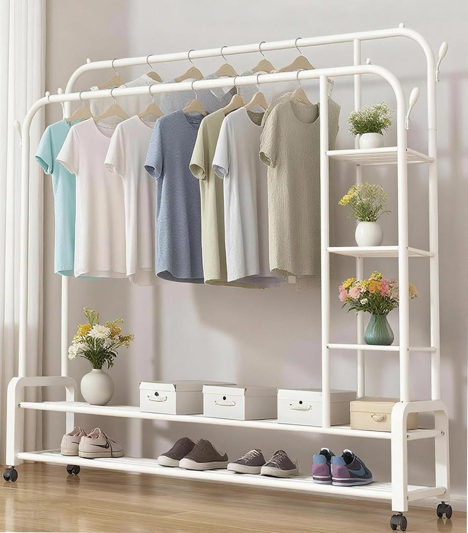 Multi-Functional Double Rods Clothes Rack Metal Garment Rack with Rolling Wheels and 2-Tier Shoe Storage Shelf 3 Side Compartments & 4 Hooks for Clothes Shoes Bags Organization (120cm White)