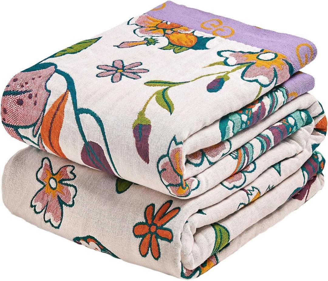 MSGKV Boho Throw Blanket 50"x60" Floral Blanket for Couch Sofa 100% Cotton Summer Breathable Lightweight Farmhouse Blankets All Seasons Home Decor Muslin