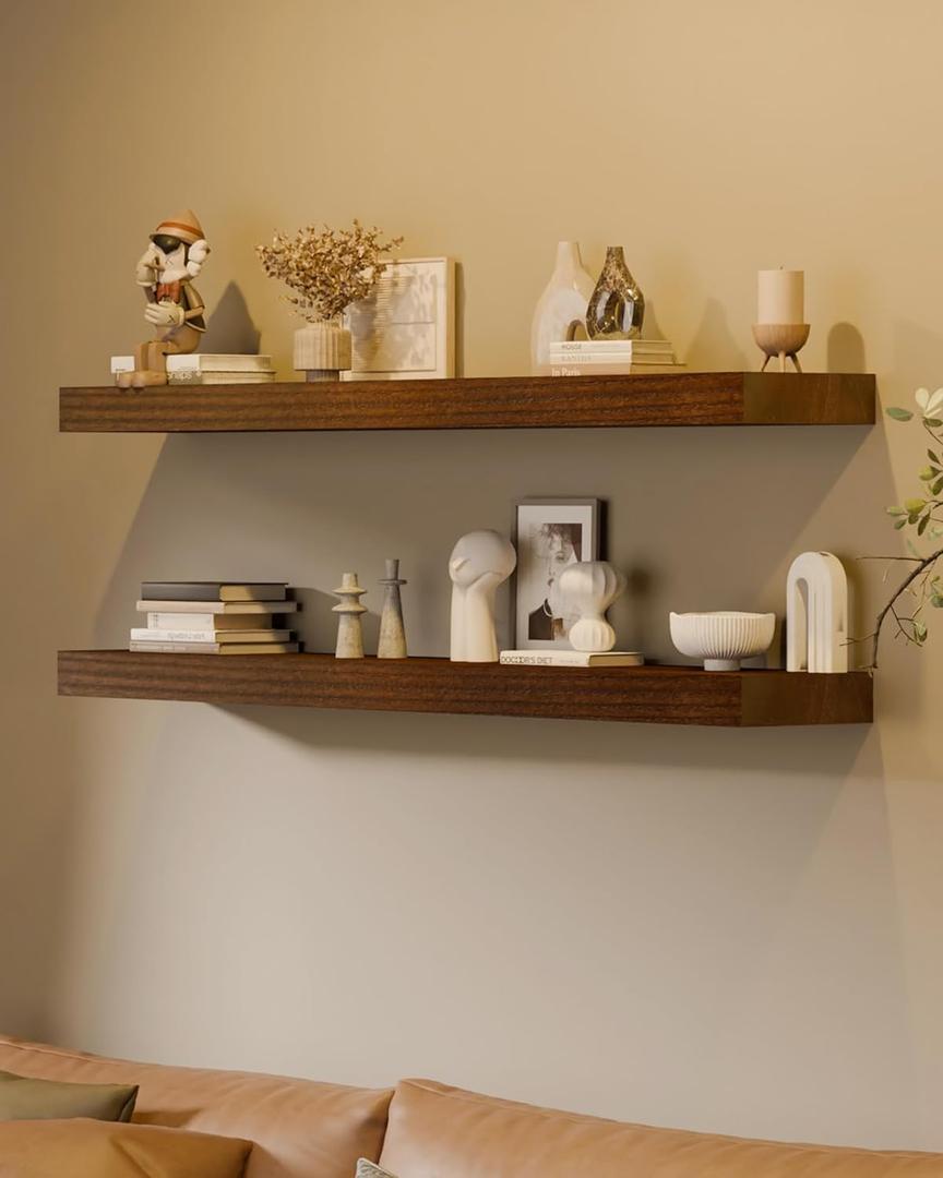 12x36 Inch Floating Shelves for Wall, Set of 2 Solid Real Wood Wall Shelves, Extra Long Heavy Duty Wall Mount Shelf for Living Room, Bedroom & Kitchen, Walnut Finish (36" W x 12" D)