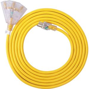 EP 50 Ft Lighted Outdoor Extension Cord with 3 Electrical Power Outlets - 14/3 SJTW Heavy Duty Yellow Extension Cable with 3 Prong Grounded Plug - Power Cord for Lawn, Garden, Appliances