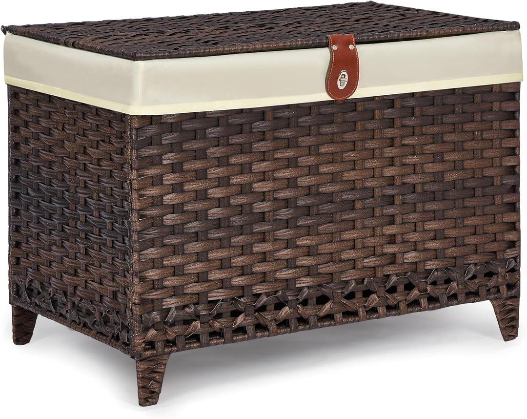 Wicker Storage Basket with Lid,Rattan Shelf Basket with Removable Liner Bag,160L Storage Bin,Storage Trunk with Heightened Feet,Storage Container for Wardrobe,Home Organizer (17.7 x 29.9 x 20.46 Inches, Brown)