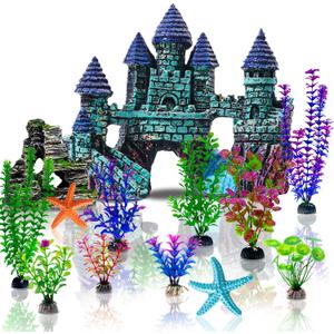 13 Pieces Aquarium Decorations Kit, Fish Tank Decorations Set Small Resin Castle and Rockery Betta Fish Cave Hideout Coral Artificial Plastic Plants Ornament Accessories (Blue,green,purple)
