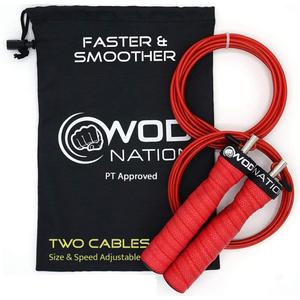 WOD Nation Attack Speed Jump Rope : Adjustable Jumping Ropes : Unique Two Cable Skipping Workout System : One Thick and One Light 11 Foot Cable : Perfect for Double Unders : Men and Women (Red)