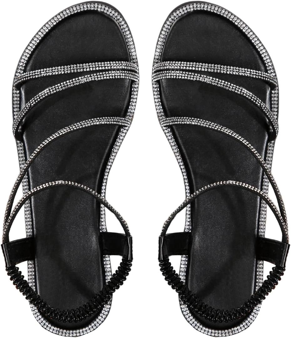GORGLITTER Women's Rhinestone Dressy Flat Sandals Sparkly Strappy Shoses, 7