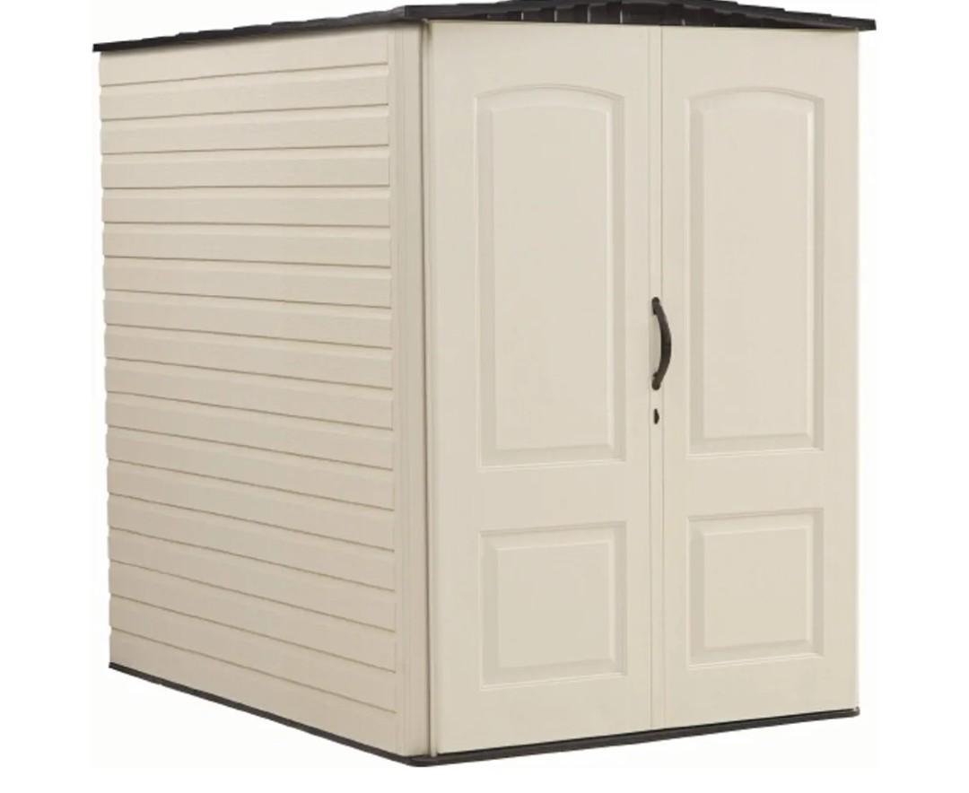 Rubbermaid Large Vertical Resin Outdoor Storage Shed With Floor (6.2 x 4.6 Ft), Weather Resistant, Beige/Brown, Organization for Home/Backyard/Garden Tools/Lawn Mower/Bike Storage/Pool Supplies
