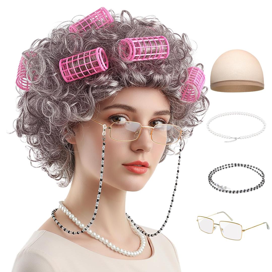 Old Lady Wig Costume for Women, 5 PCS Kids 100 Days of School Grandma Wig Costume Halloween Girls Adults Cosplay Accessories Set (Brown Curly)