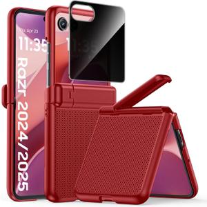 for Motorola Razr 2025 Case, Built-in [Privacy Screen Protector] [Hinge Protection] [Hidden Kickstand] Slim Shockproof Phone Case for Motorola Razr 2025/2024 (Red)