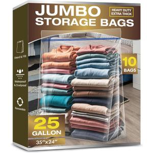 25 Gallon Jumbo Storage Bags, 3.5 Mil Thick Clear Plastic Zipper Bags with Handles, 35" x 24" Extra Large XL Heavy Duty for Home, Travel, and Moving (10 Packs)